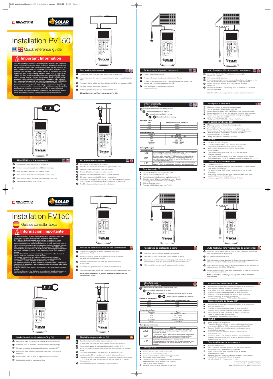 Seaward PV150 Quick start User Manual | 2 pages