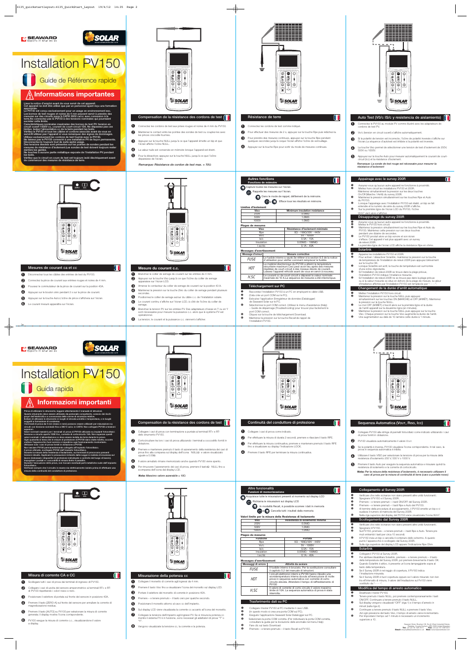 Installation pv150, Null, Informations importantes | Guide de référence rapide, Informazioni importanti, Guida rapida | Seaward PV150 Quick start User Manual | Page 2 / 2