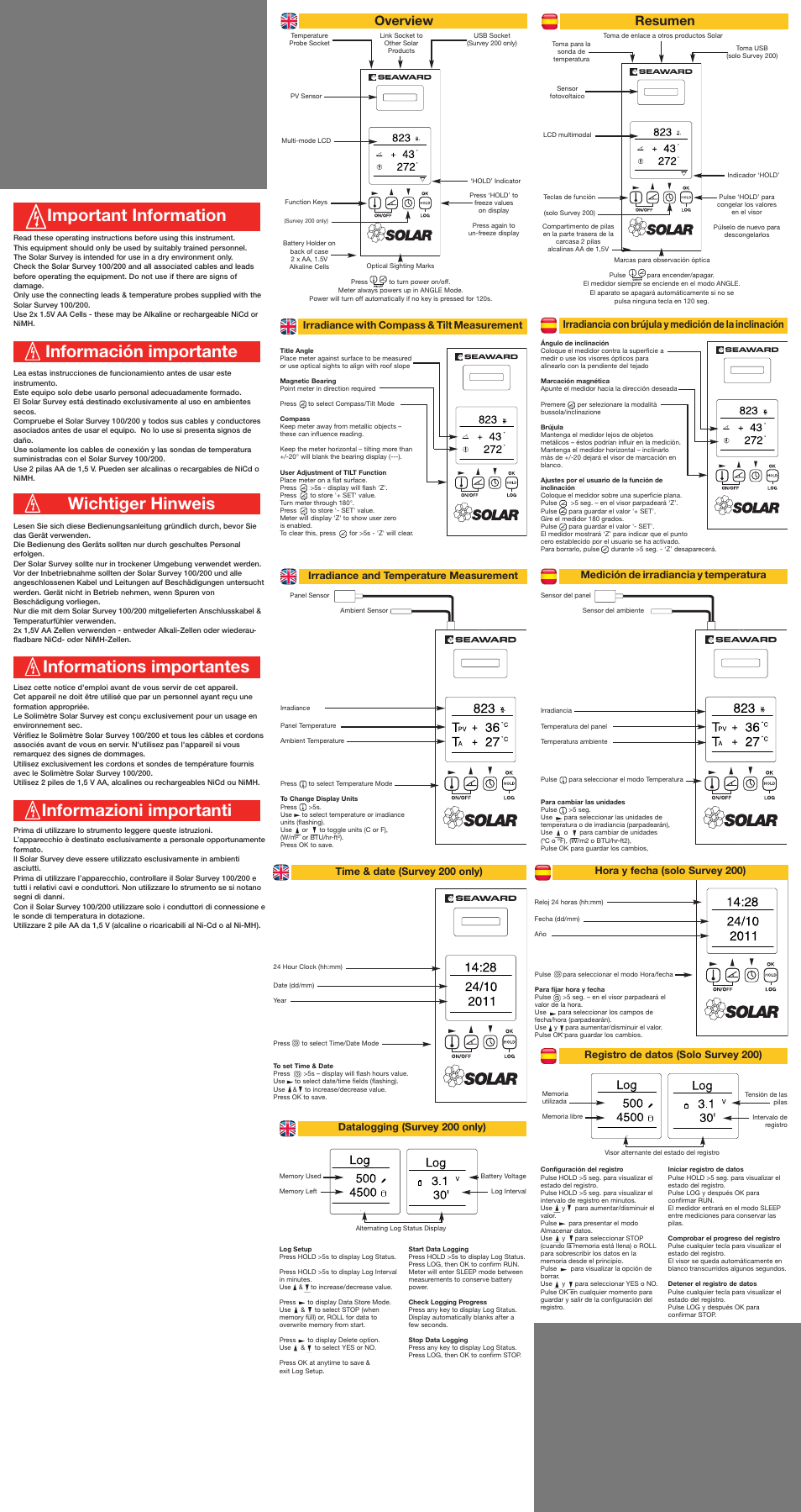 3957_solar survey_quick start_text.pdf, Important information, Overview | Resumen, Irradiance with compass & tilt measurement, Irradiance and temperature measurement, Time & date (survey 200 only), Datalogging (survey 200 only), Medición de irradiancia y temperatura, Hora y fecha (solo survey 200) | Seaward Solar Survey User Manual | Page 3 / 4