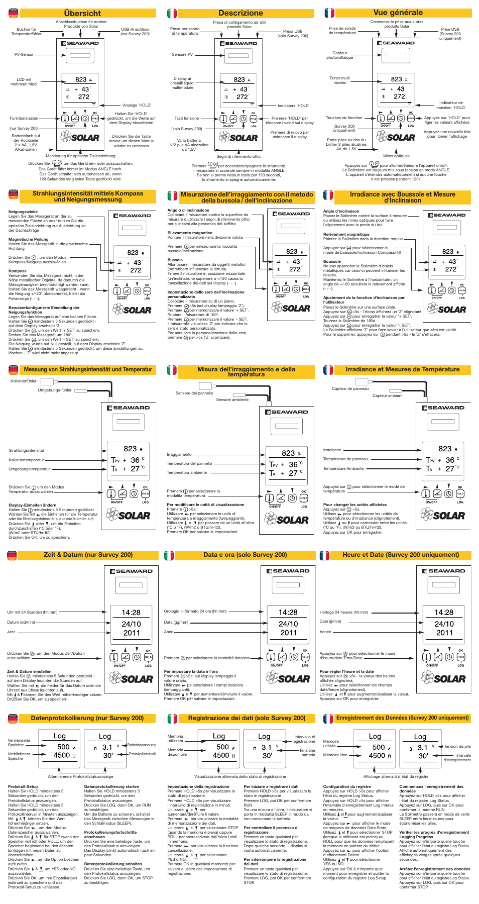 Vue générale, Übersicht, Descrizione | Irradiance avec boussole et mesure d'inclinaison, Heure et date (survey 200 uniquement), Irradiance et mesures de température, Messung von strahlungsintensität und temperatur, Zeit & datum (nur survey 200), Datenprotokollierung (nur survey 200), Data e ora (solo survey 200) | Seaward Solar Survey User Manual | Page 4 / 4
