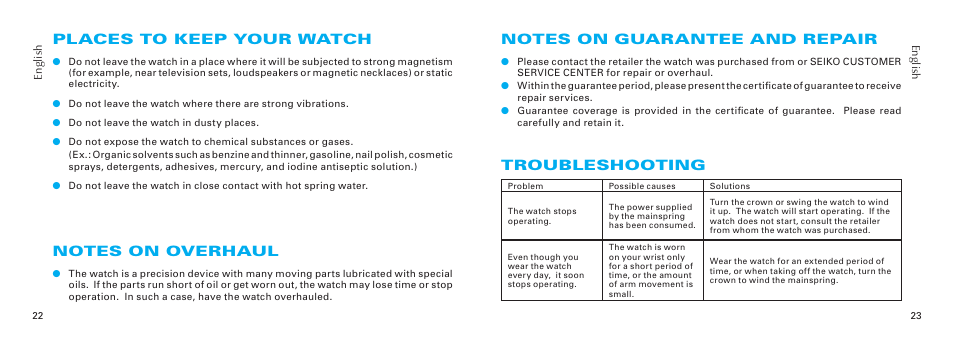Places to keep your watch, Troubleshooting | Seiko 4R36 User Manual | Page 12 / 14