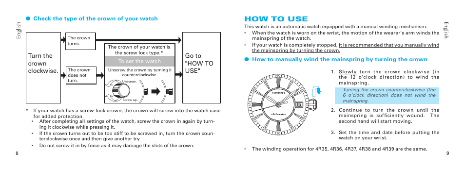 How to use, Turn the crown clockwise, Go to "how to use | Seiko 4R36 User Manual | Page 5 / 14