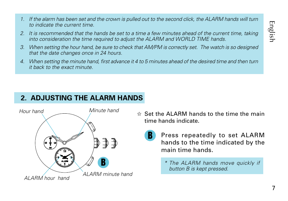 English, Adjusting the alarm hands | Seiko 5T82 User Manual | Page 7 / 26