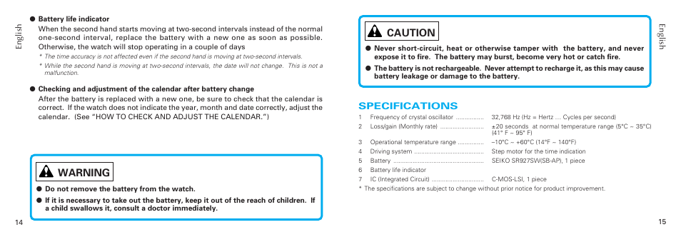 Caution, Warning, Specifications | Seiko 6A32 User Manual | Page 8 / 8