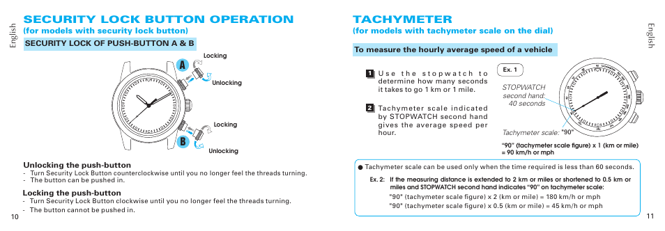 Security lock button operation, Tachymeter | Seiko 6T63 User Manual | Page 6 / 9