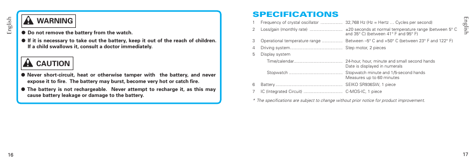 Warning, Caution specifications | Seiko 6T63 User Manual | Page 9 / 9