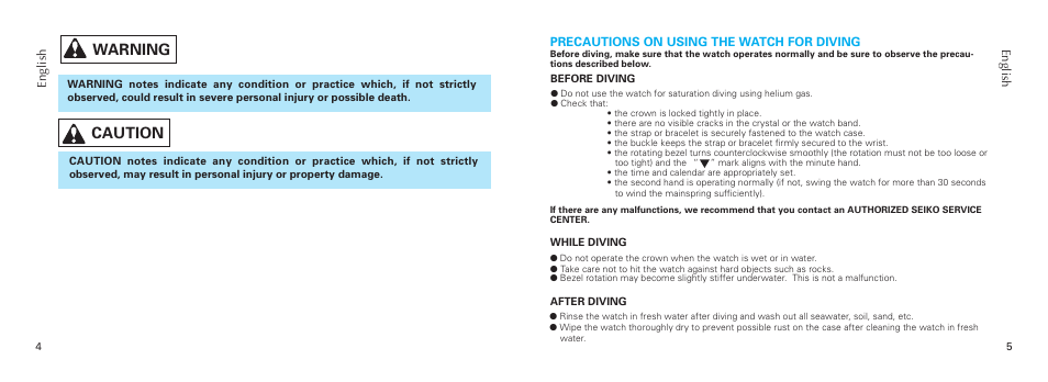 Warning caution | Seiko 7S36 User Manual | Page 3 / 10