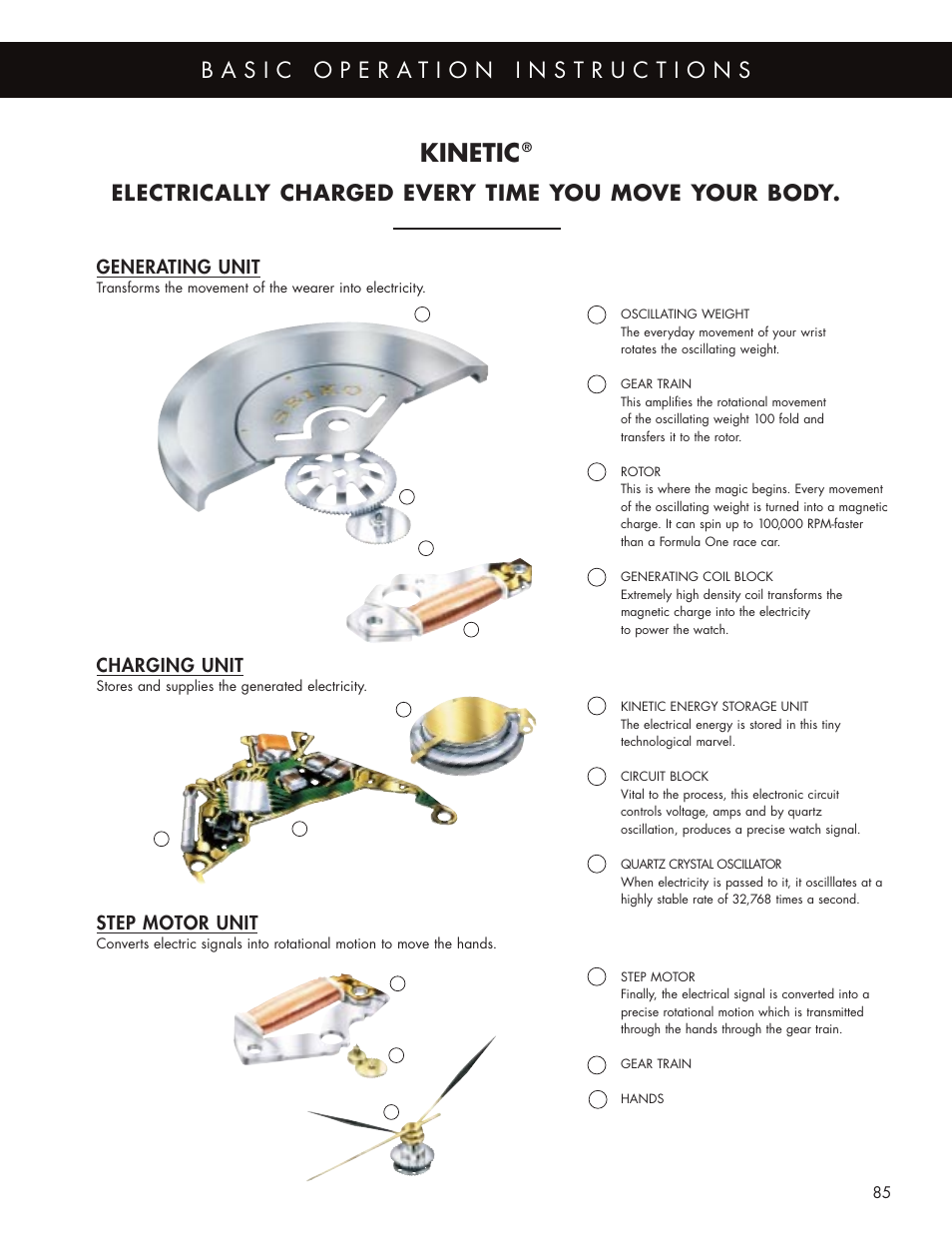 Kinetic, Electrically charged every time you move your body, Generating unit | Step motor unit, Charging unit | Seiko BASIC User Manual | Page 2 / 4