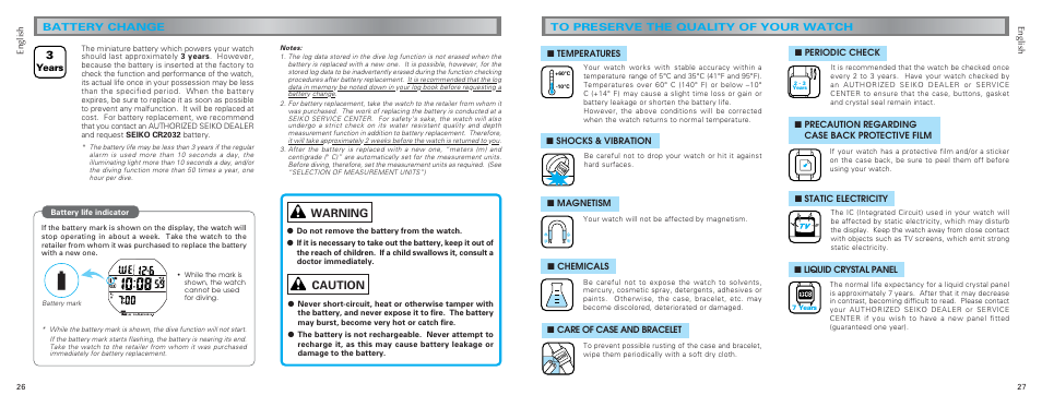 Warning, Caution, Battery change | Seiko DH33 User Manual | Page 14 / 15