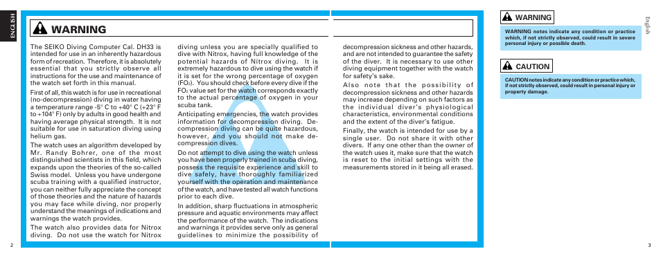 Warning | Seiko DH33 User Manual | Page 2 / 15
