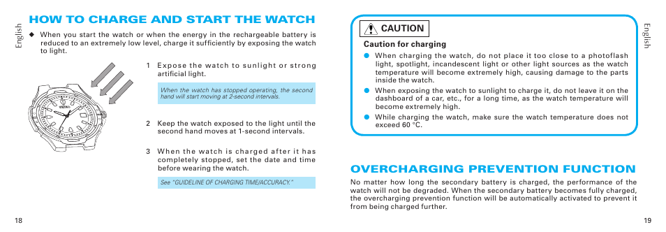 How to charge and start the watch, Overcharging prevention function, Caution | Seiko V175 User Manual | Page 10 / 19