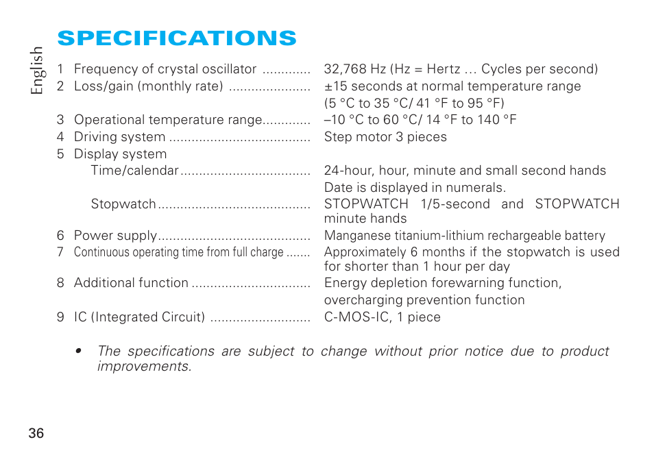 Specifications | Seiko V175 User Manual | Page 19 / 19