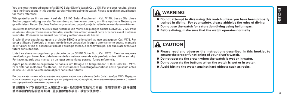 Warning, Caution | Seiko V175 User Manual | Page 2 / 19