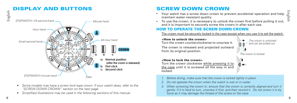 Display and buttons, Ab screw down crown | Seiko V175 User Manual | Page 5 / 19