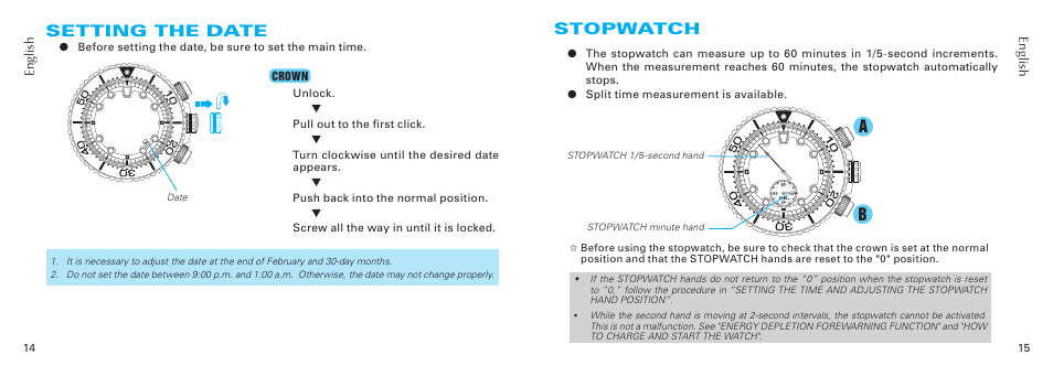 Setting the date, Stopwatch | Seiko V175 User Manual | Page 8 / 19