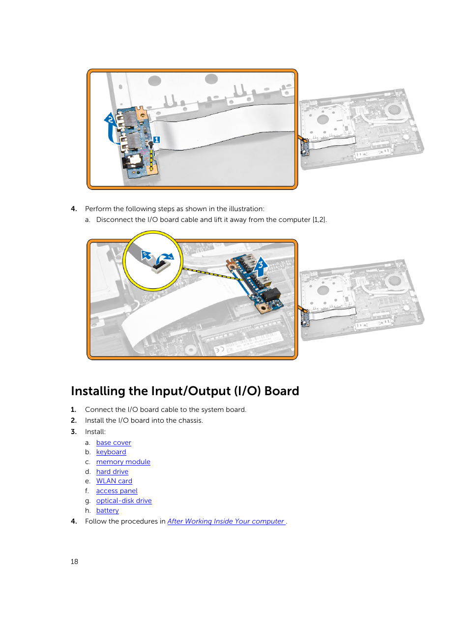Installing the input/output (i/o) board | Dell Vostro 15 3558 User Manual | Page 18 / 50