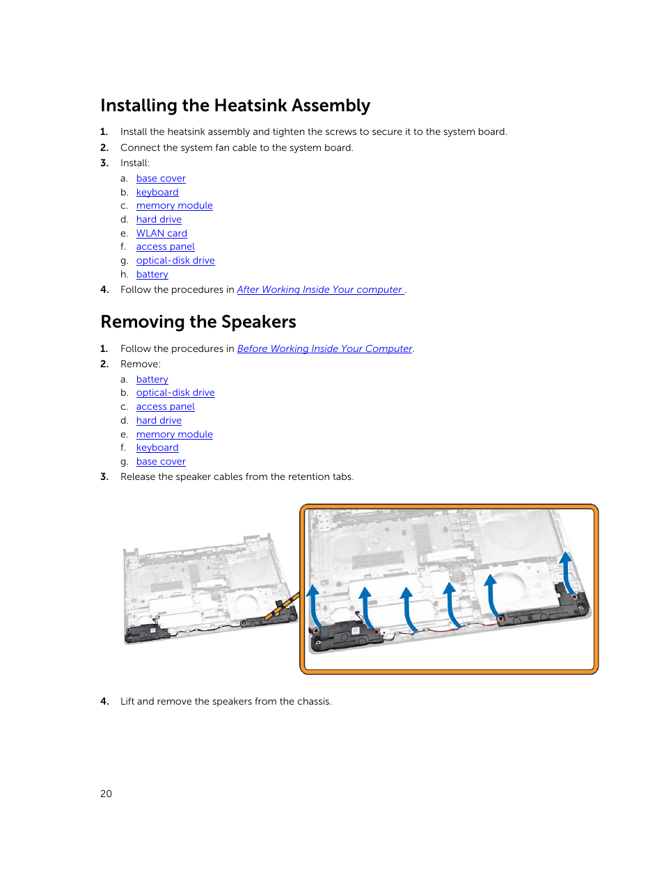 Installing the heatsink assembly, Removing the speakers | Dell Vostro 15 3558 User Manual | Page 20 / 50