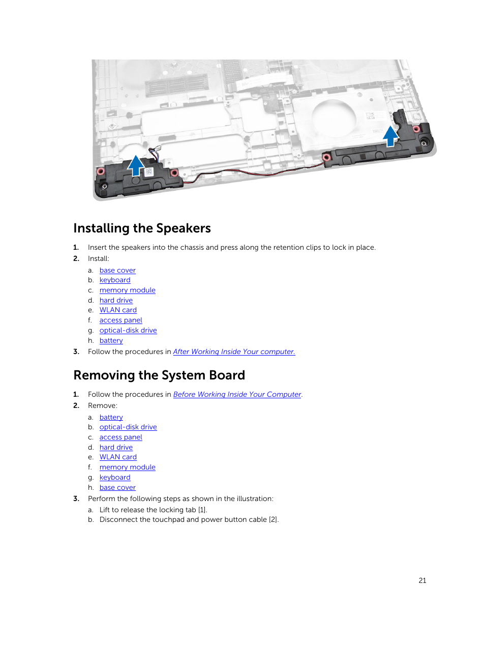 Installing the speakers, Removing the system board | Dell Vostro 15 3558 User Manual | Page 21 / 50