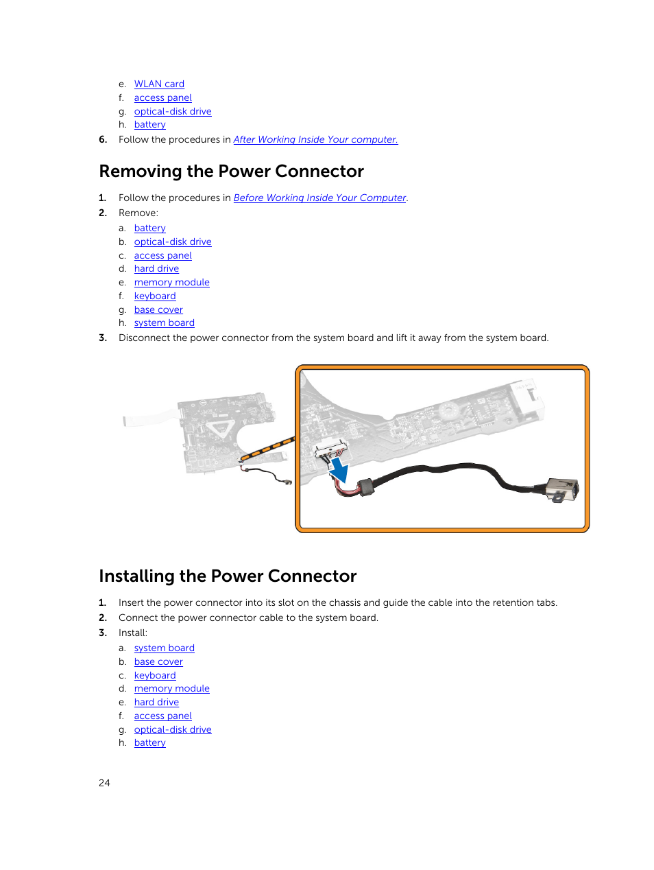 Removing the power connector, Installing the power connector | Dell Vostro 15 3558 User Manual | Page 24 / 50