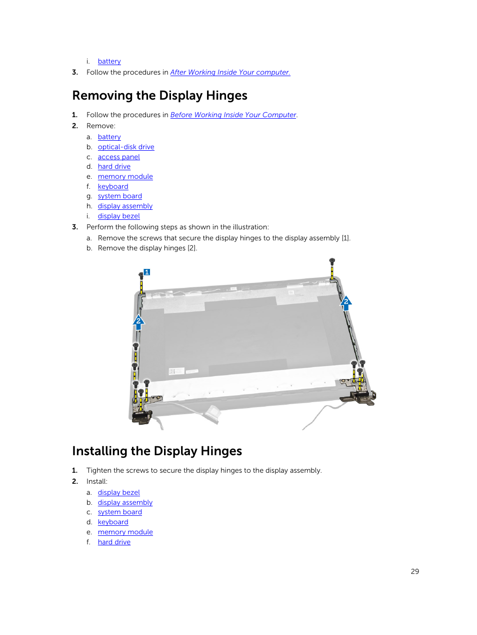 Removing the display hinges, Installing the display hinges | Dell Vostro 15 3558 User Manual | Page 29 / 50