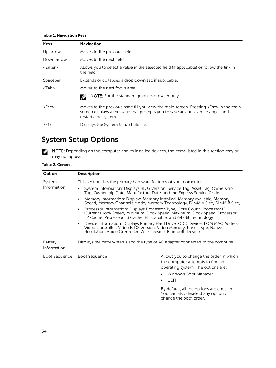 System setup options | Dell Vostro 15 3558 User Manual | Page 34 / 50