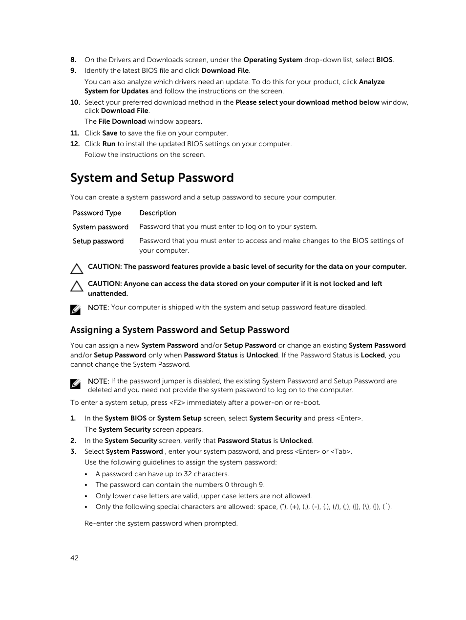 System and setup password, Assigning a system password and setup password | Dell Vostro 15 3558 User Manual | Page 42 / 50