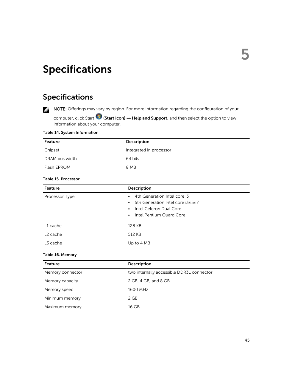 Specifications, 5 specifications | Dell Vostro 15 3558 User Manual | Page 45 / 50