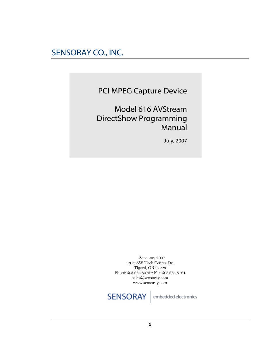 Sensoray 616 AVStream DirectShow User Manual | 10 pages