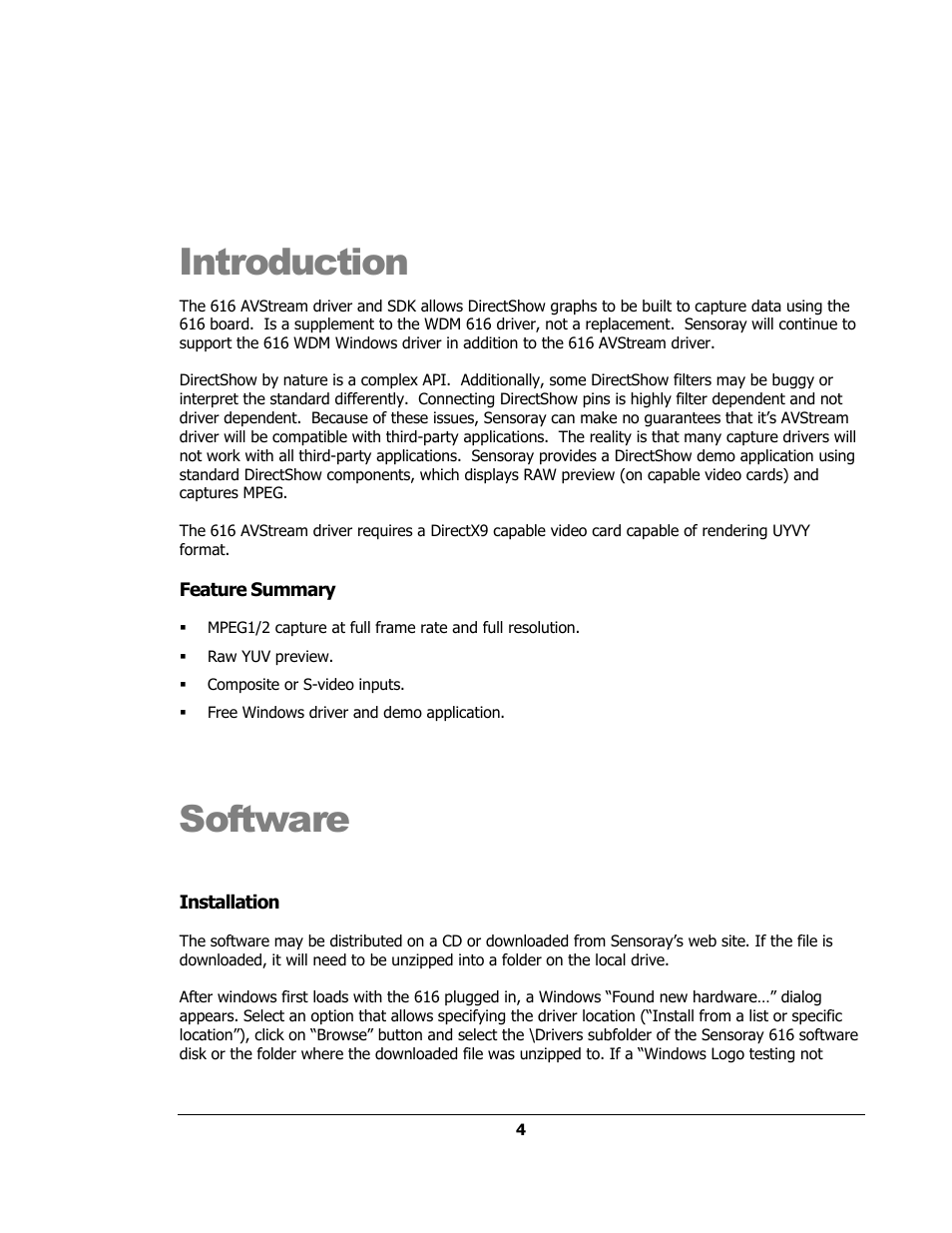Introduction, Software | Sensoray 616 AVStream DirectShow User Manual | Page 4 / 10