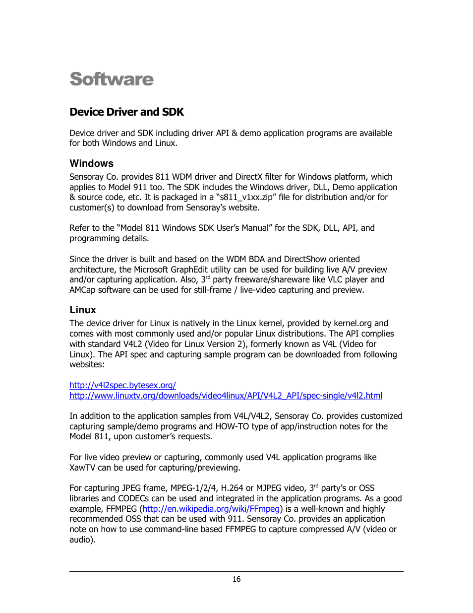 Software, Device driver and sdk | Sensoray 911 User Manual | Page 16 / 17