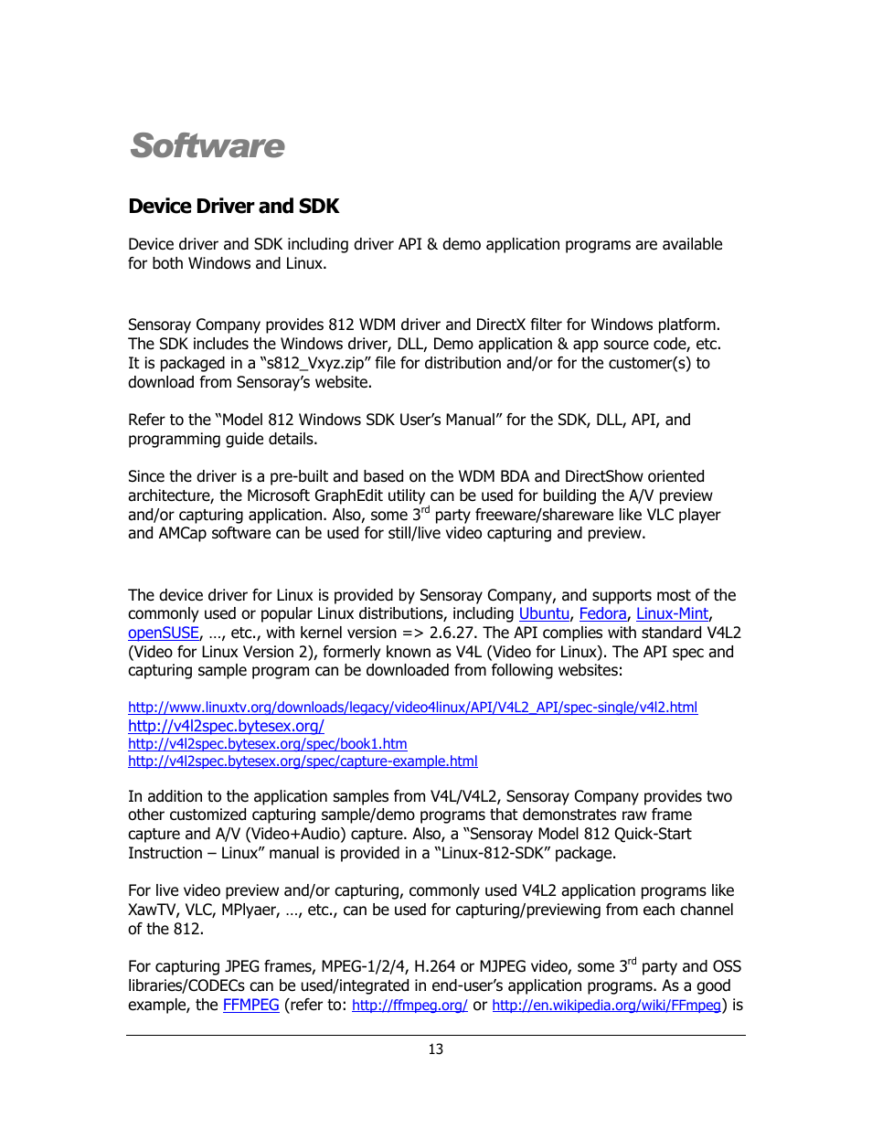 Software, Device driver and sdk, Windows | Linux | Sensoray 812 User Manual | Page 13 / 16