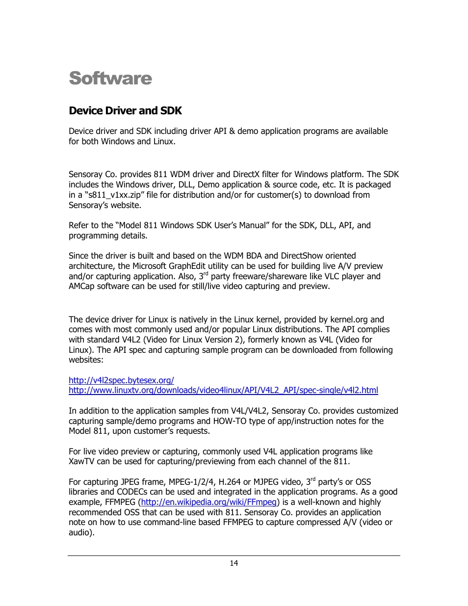 Software, Device driver and sdk | Sensoray 811 User Manual | Page 14 / 15