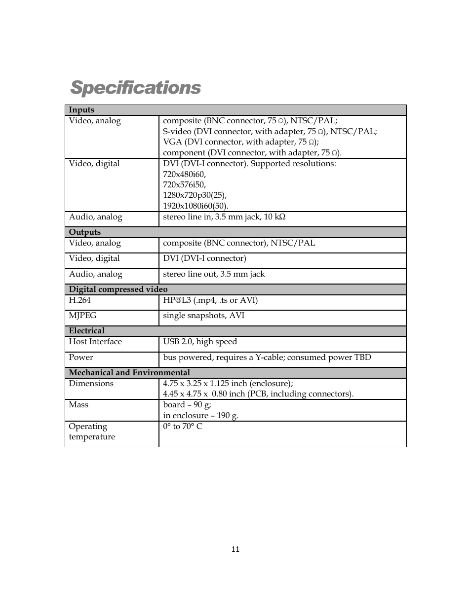 Specifications | Sensoray 2263 User Manual | Page 11 / 12