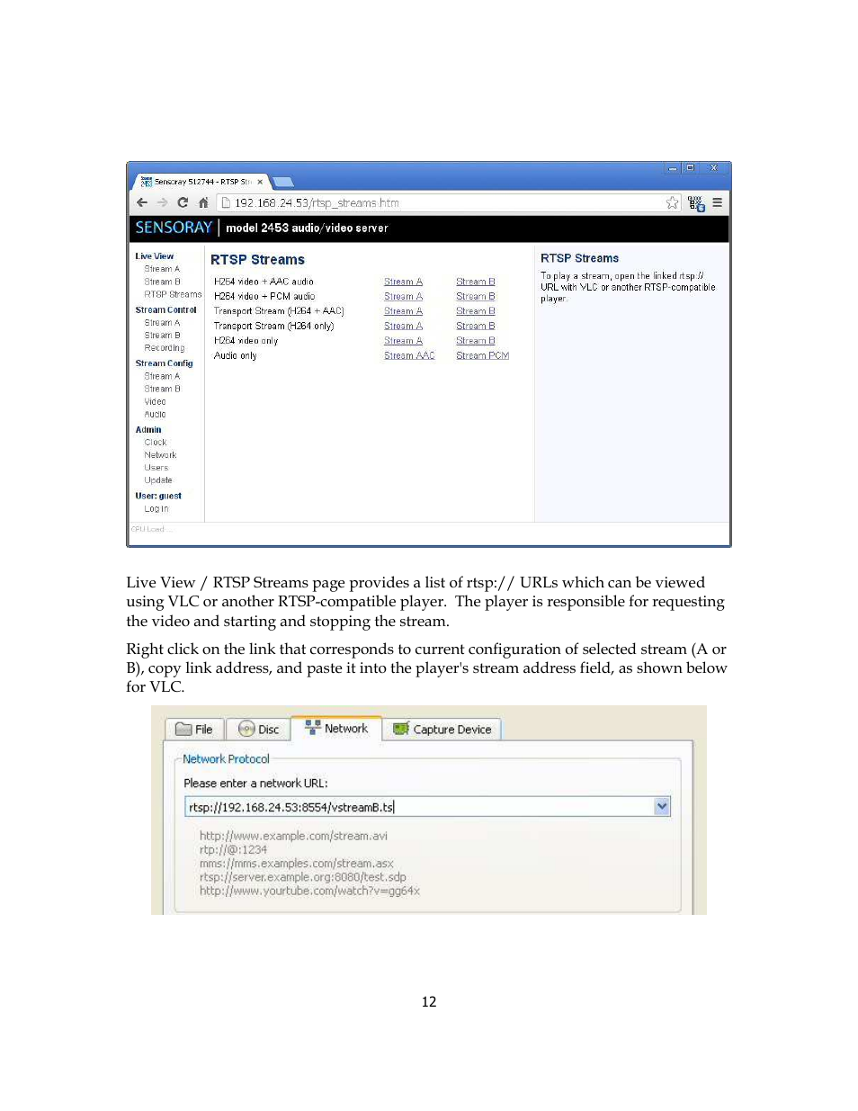 Rtsp streams | Sensoray 2453 User Manual | Page 12 / 27