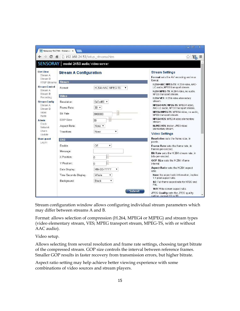 Stream configuration | Sensoray 2453 User Manual | Page 15 / 27