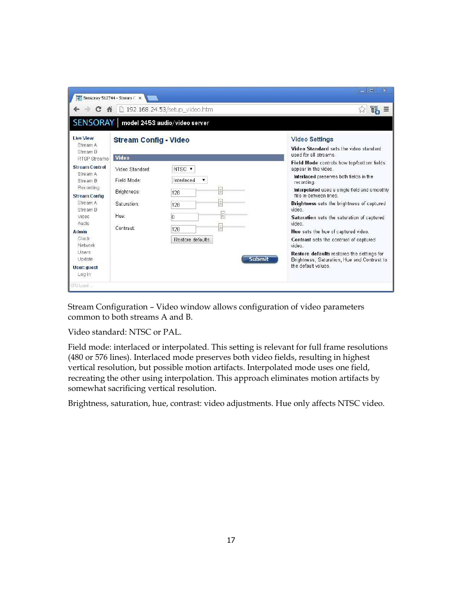 Stream configuration - video | Sensoray 2453 User Manual | Page 17 / 27