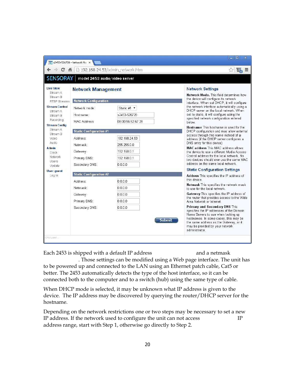 Network configuration | Sensoray 2453 User Manual | Page 20 / 27