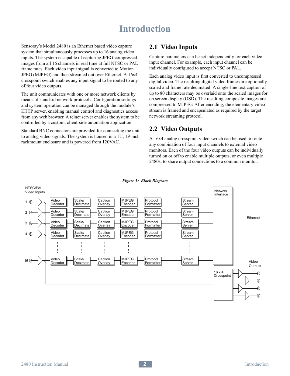 Introduction, 1 video inputs, 2 video outputs | Sensoray 2480 User Manual | Page 4 / 10