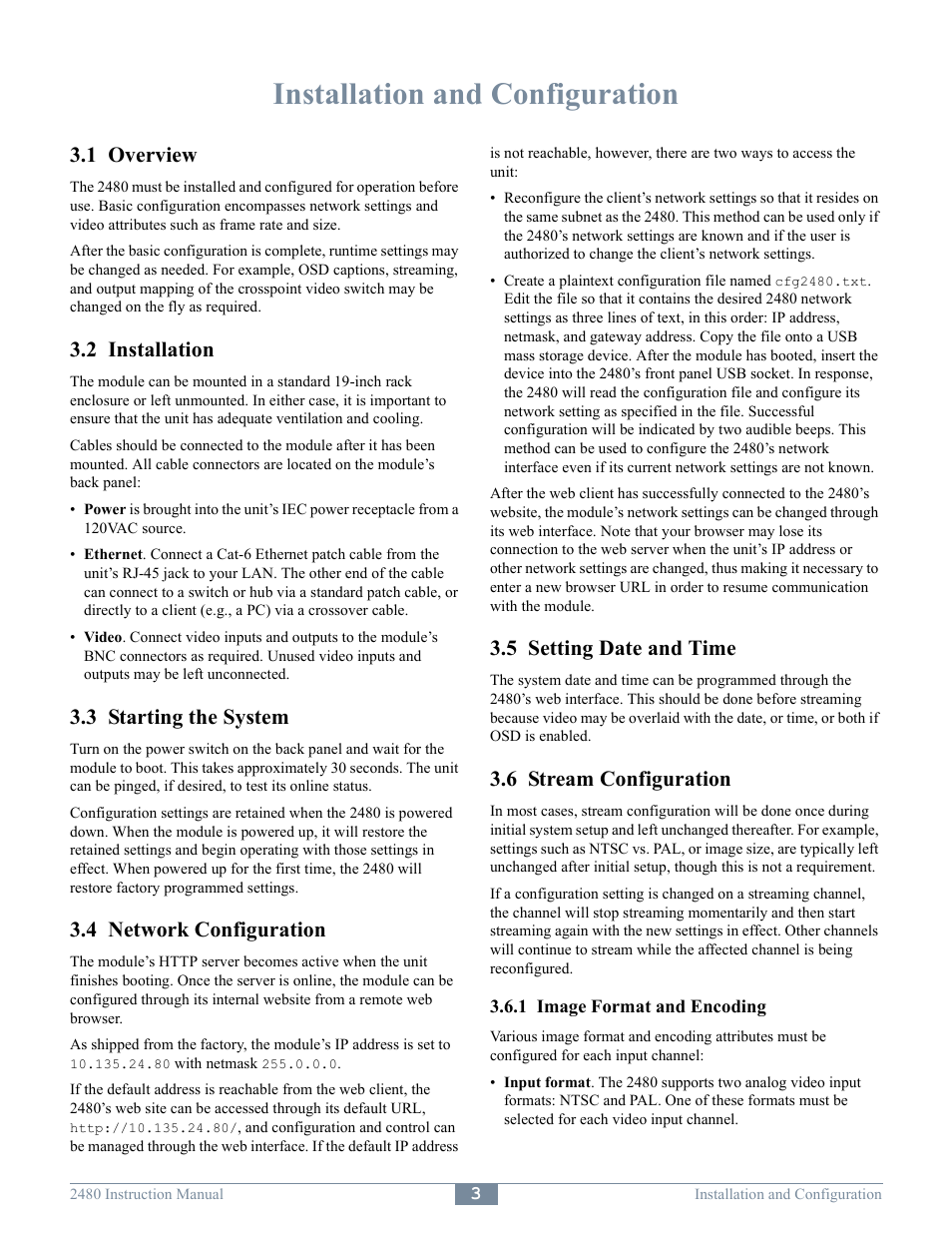 Installation and configuration, 1 overview, 2 installation | 3 starting the system, 4 network configuration, 5 setting date and time, 6 stream configuration | Sensoray 2480 User Manual | Page 5 / 10