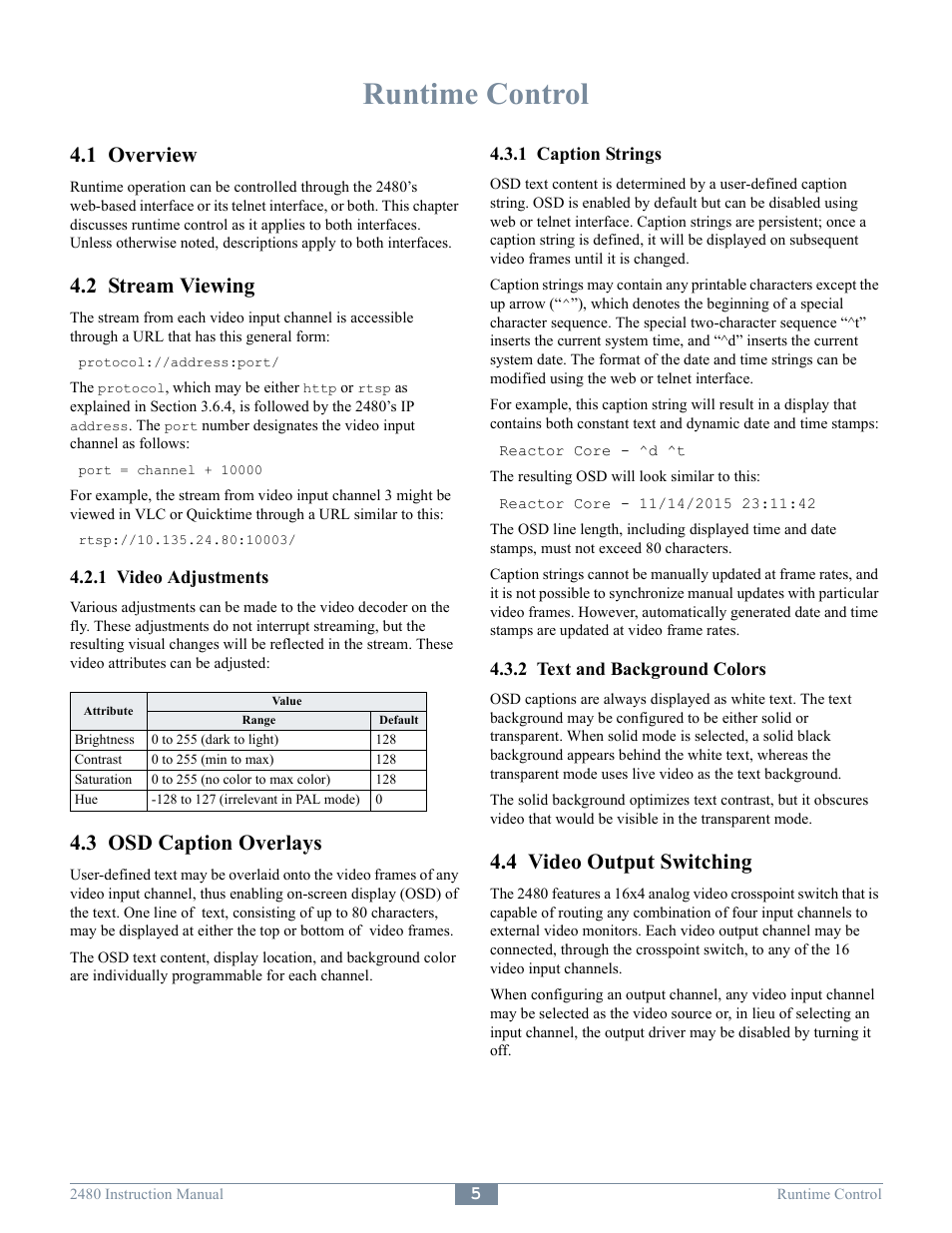 Runtime control, 1 overview, 2 stream viewing | 3 osd caption overlays, 4 video output switching | Sensoray 2480 User Manual | Page 7 / 10