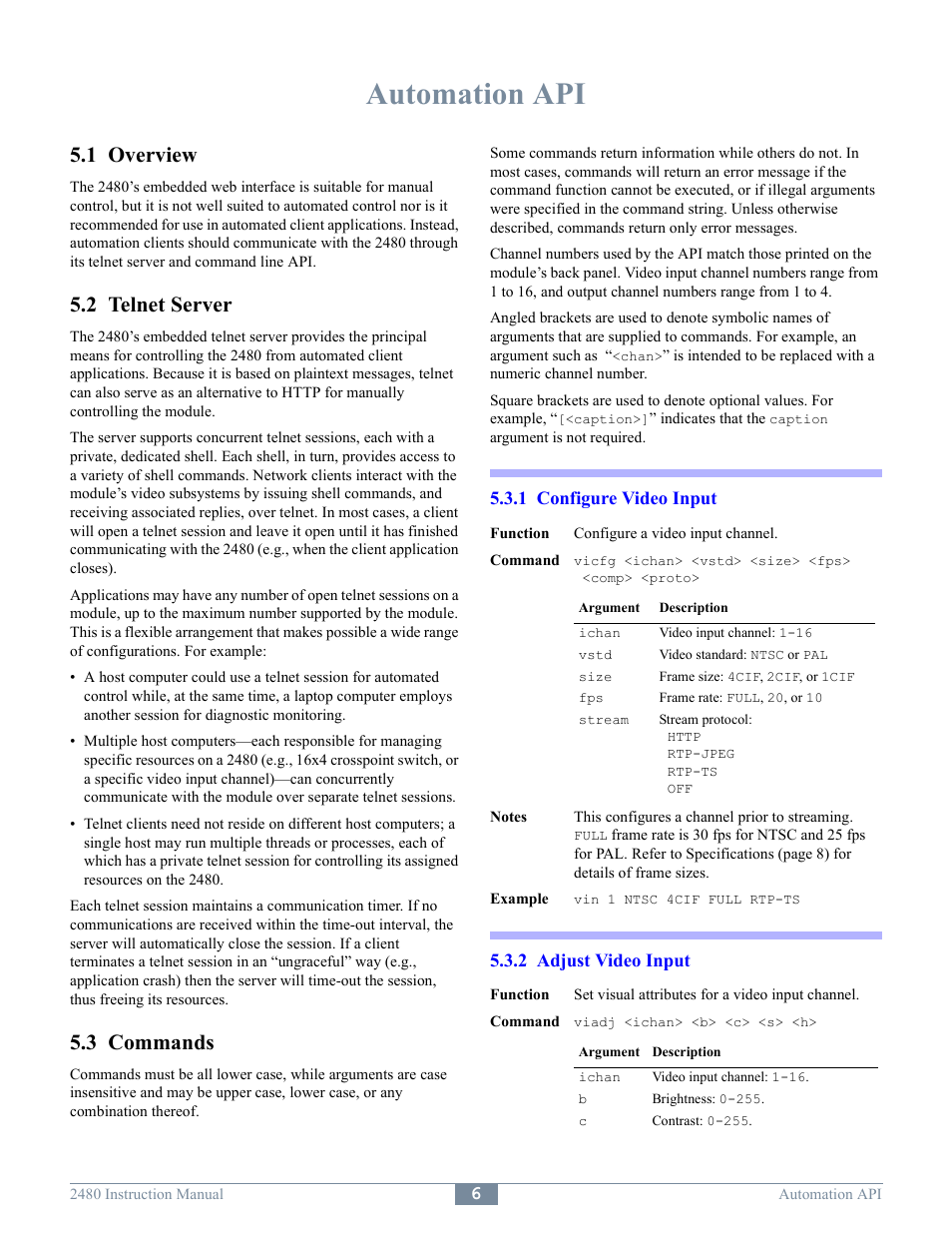 Automation api, 1 overview, 2 telnet server | 3 commands | Sensoray 2480 User Manual | Page 8 / 10