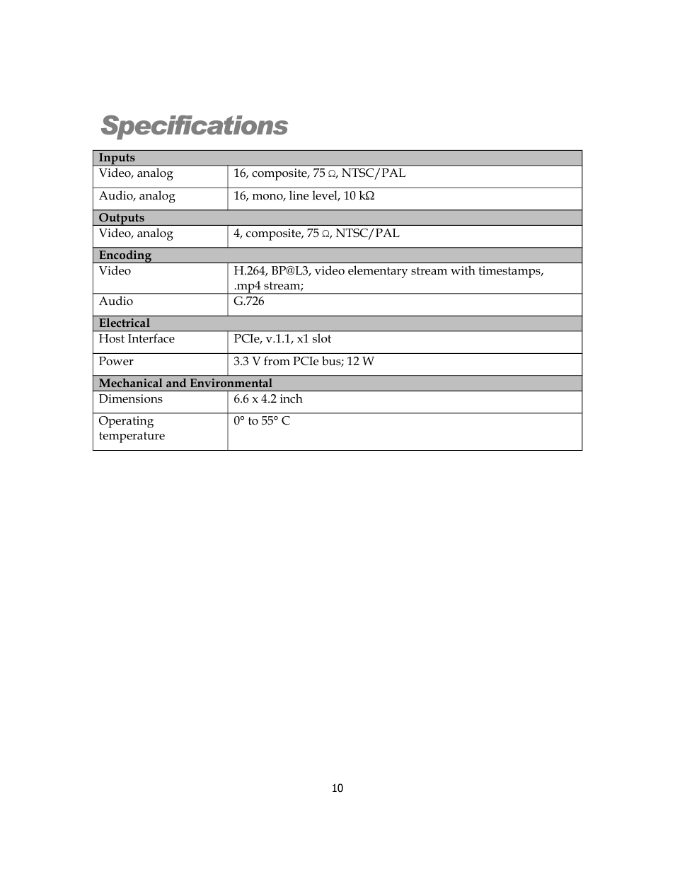 Specifications | Sensoray 819 User Manual | Page 10 / 11