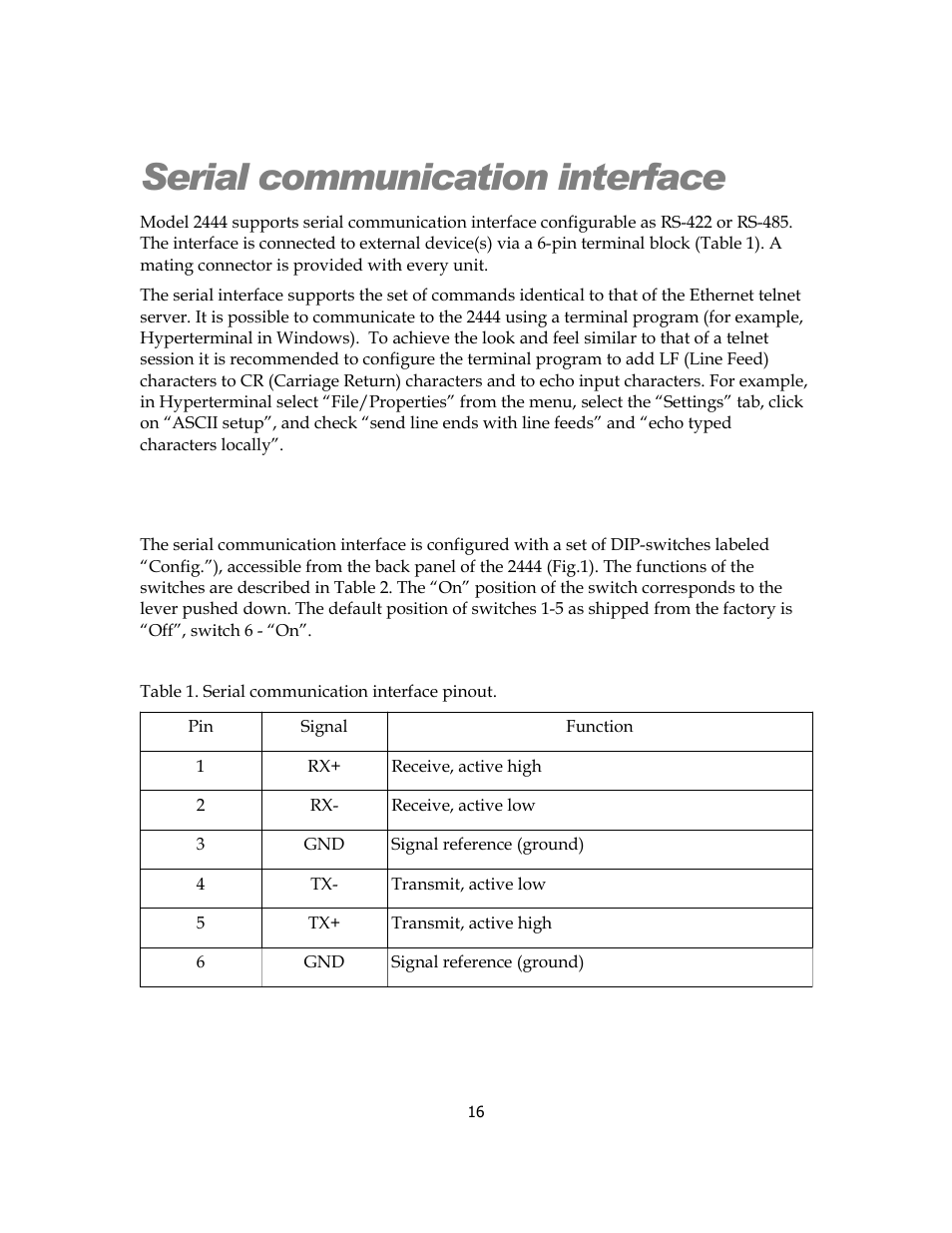 Serial communication interface | Sensoray 2444 User Manual | Page 16 / 19
