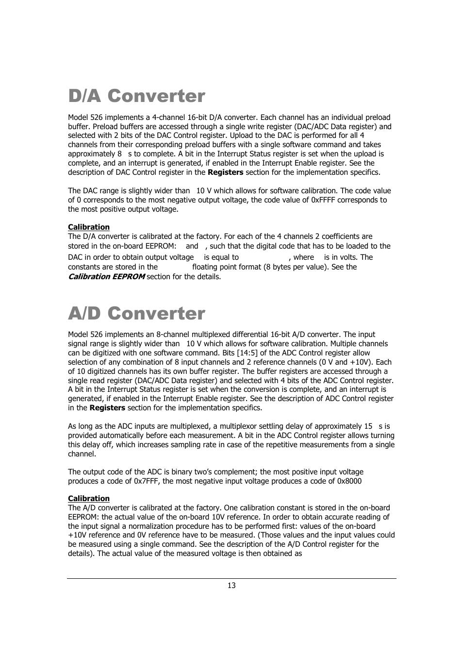 D/a converter, A/d converter | Sensoray 526 User Manual | Page 13 / 29