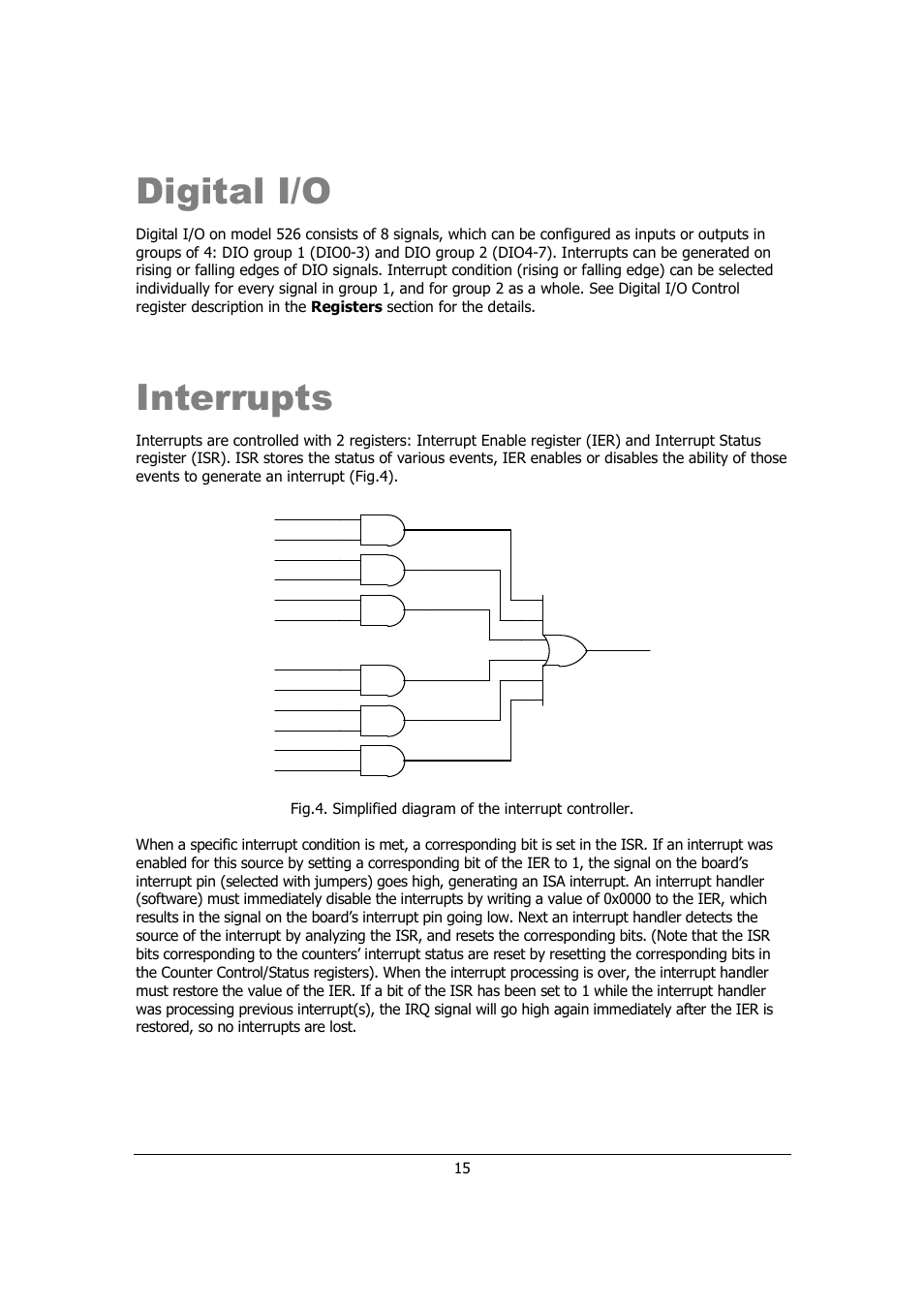 Digital i/o, Interrupts | Sensoray 526 User Manual | Page 15 / 29