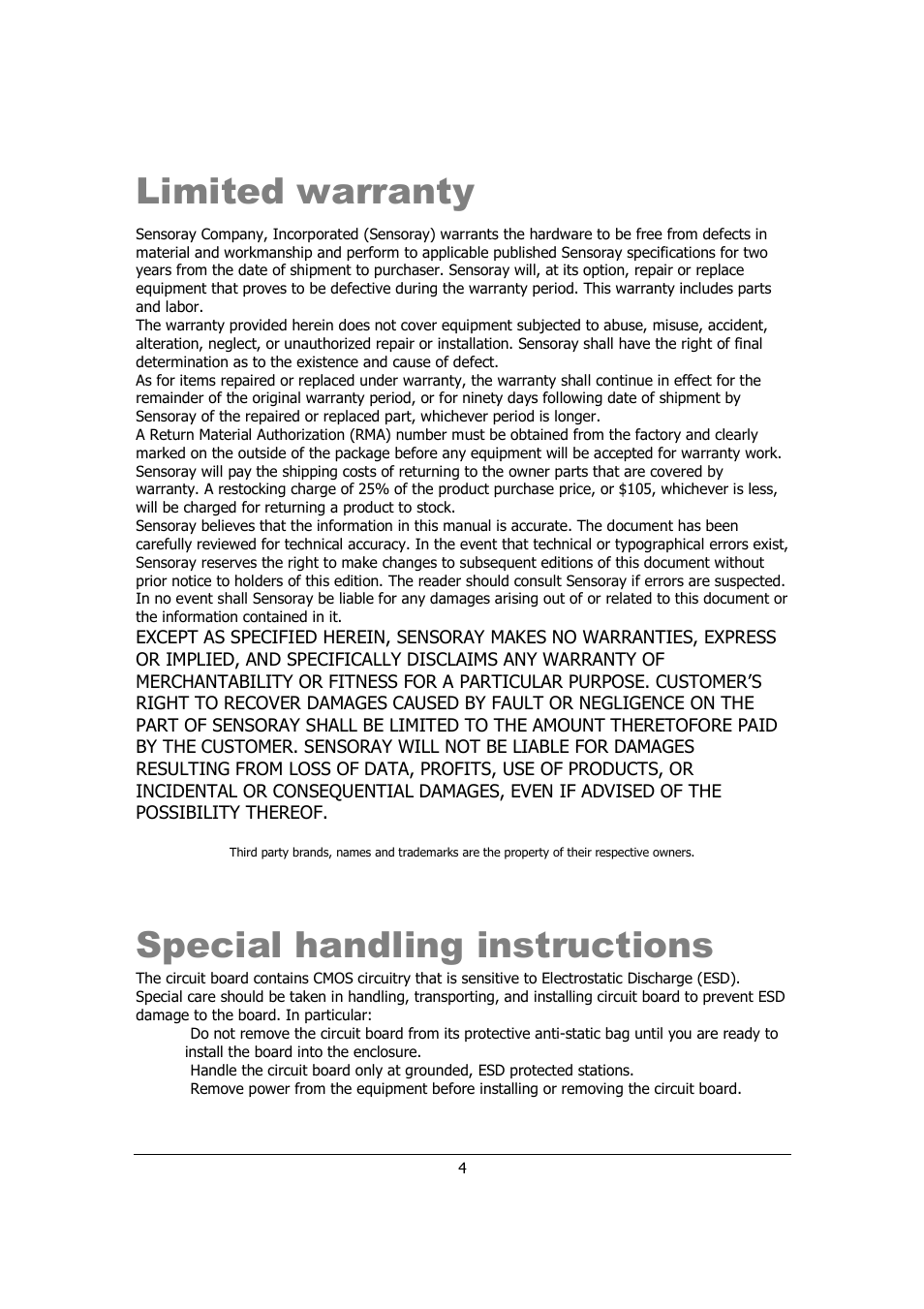 Limited warranty, Special handling instructions | Sensoray 526 User Manual | Page 4 / 29