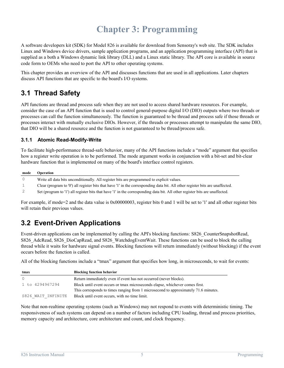 Chapter 3: programming, 1 thread safety, 1 atomic read-modify-write | 2 event-driven applications, Programming, Thread safety, Atomic read-modify-write, Event-driven applications | Sensoray 826 User Manual | Page 10 / 76