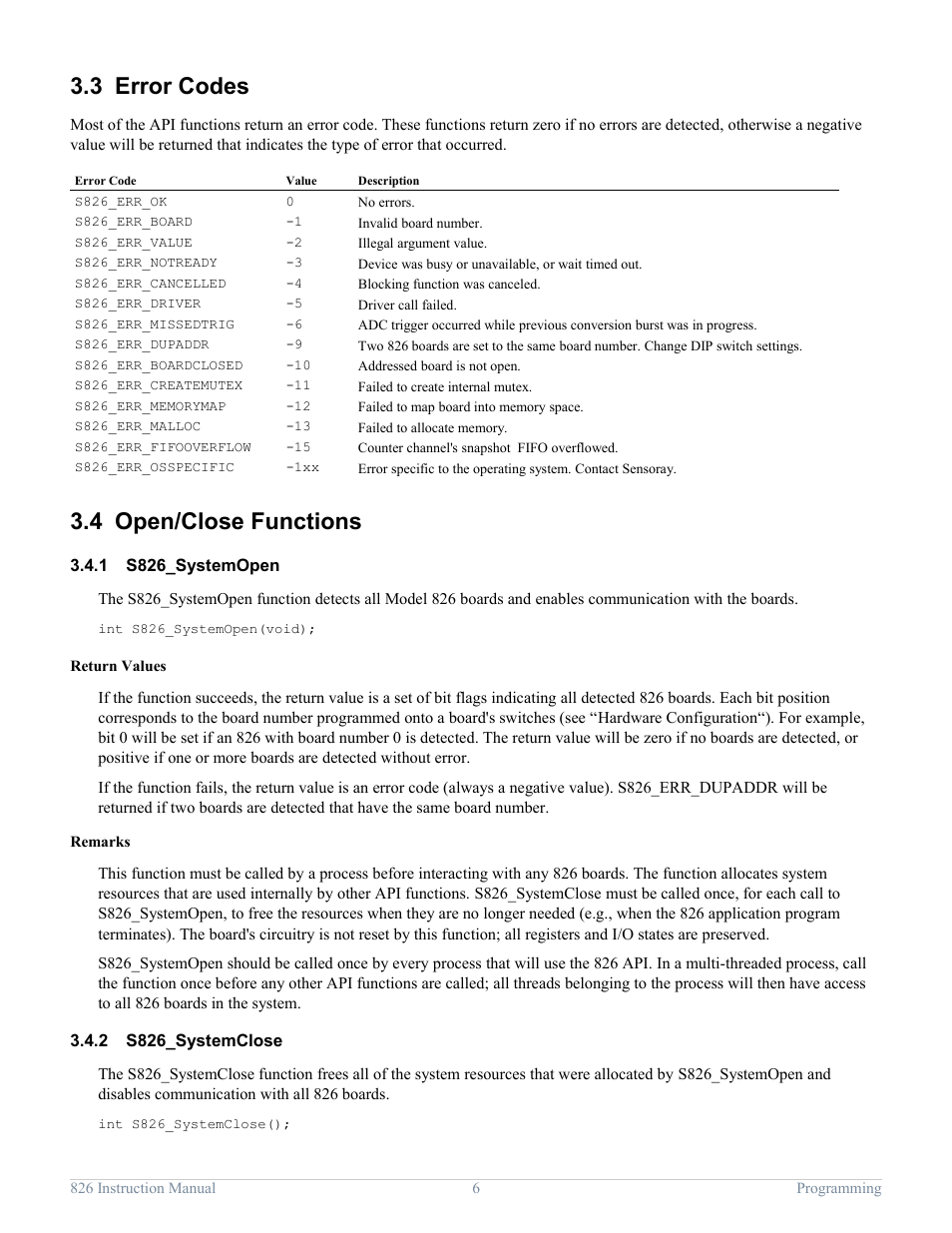 3 error codes, 4 open/close functions, 1 s826_systemopen | 2 s826_systemclose, Error codes, Open/close functions, S826_systemopen, S826_systemclose | Sensoray 826 User Manual | Page 11 / 76