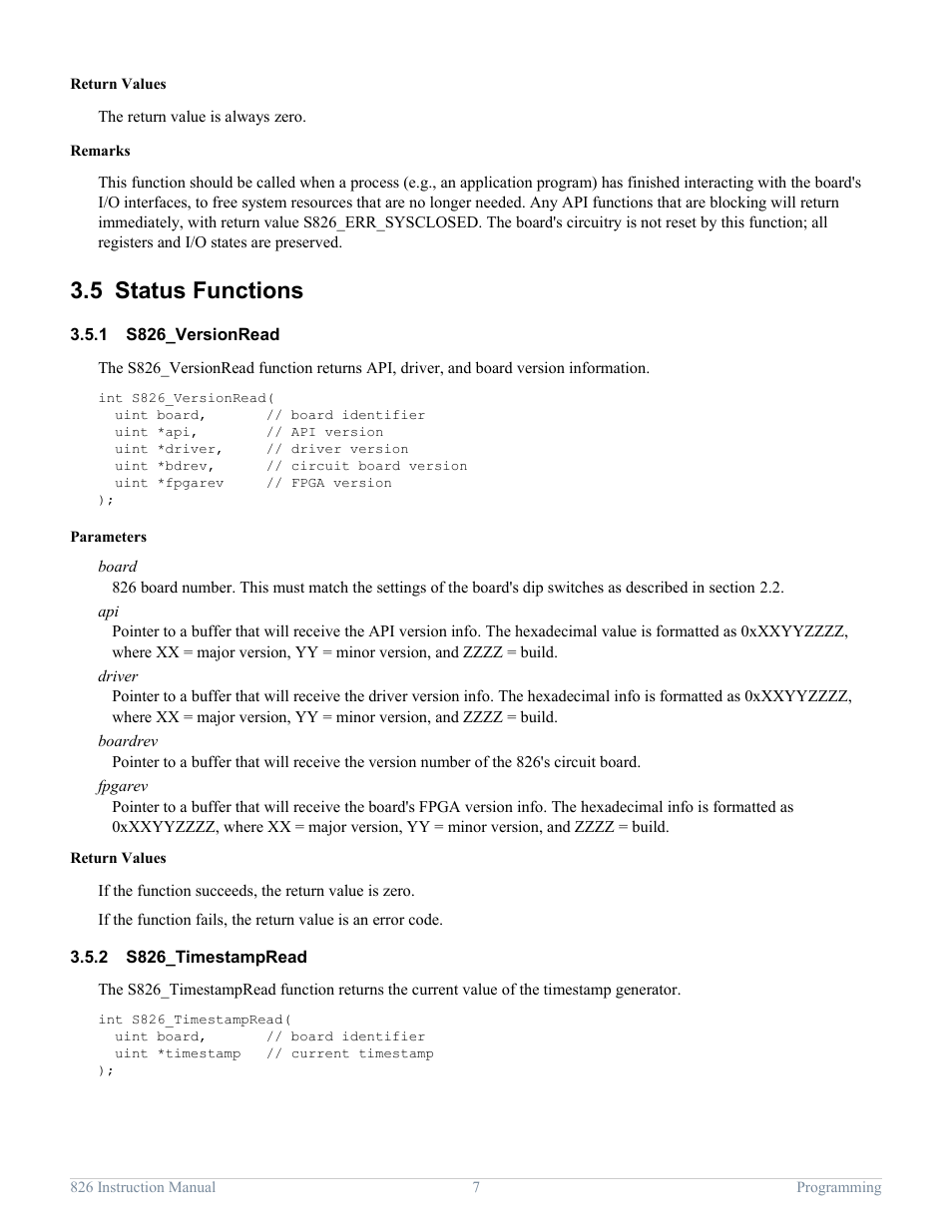 5 status functions, 1 s826_versionread, 2 s826_timestampread | Status functions, S826_versionread, S826_timestampread | Sensoray 826 User Manual | Page 12 / 76