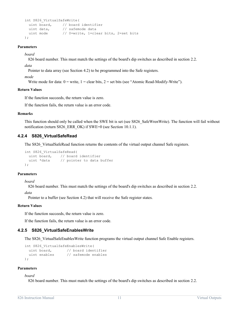 4 s826_virtualsaferead, 5 s826_virtualsafeenableswrite, S826_virtualsaferead | S826_virtualsafeenableswrite | Sensoray 826 User Manual | Page 16 / 76